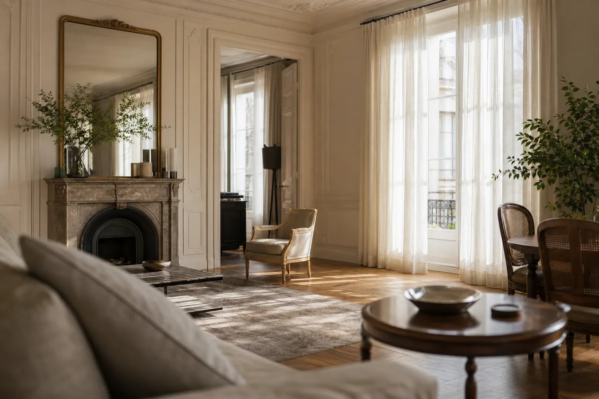 Salon parisien cossu et discret, ambiance feutrée d’un appartement haut de gamme