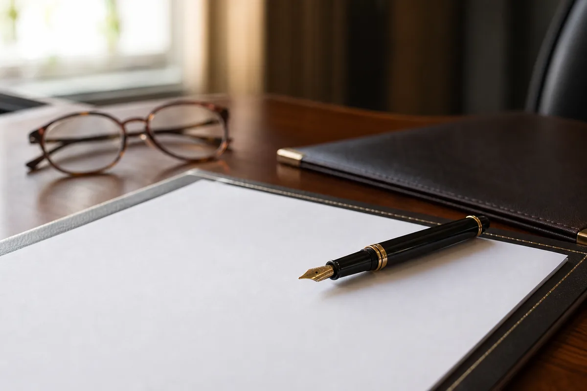 Mandat et stylo sur un bureau élégant, symbole de la négociation des honoraires