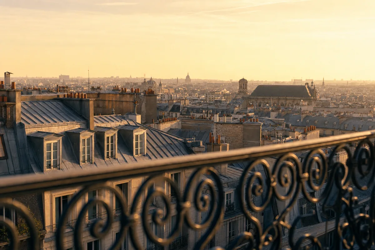 Vue depuis une terrasse sur les toits de zinc parisiens au coucher du soleil