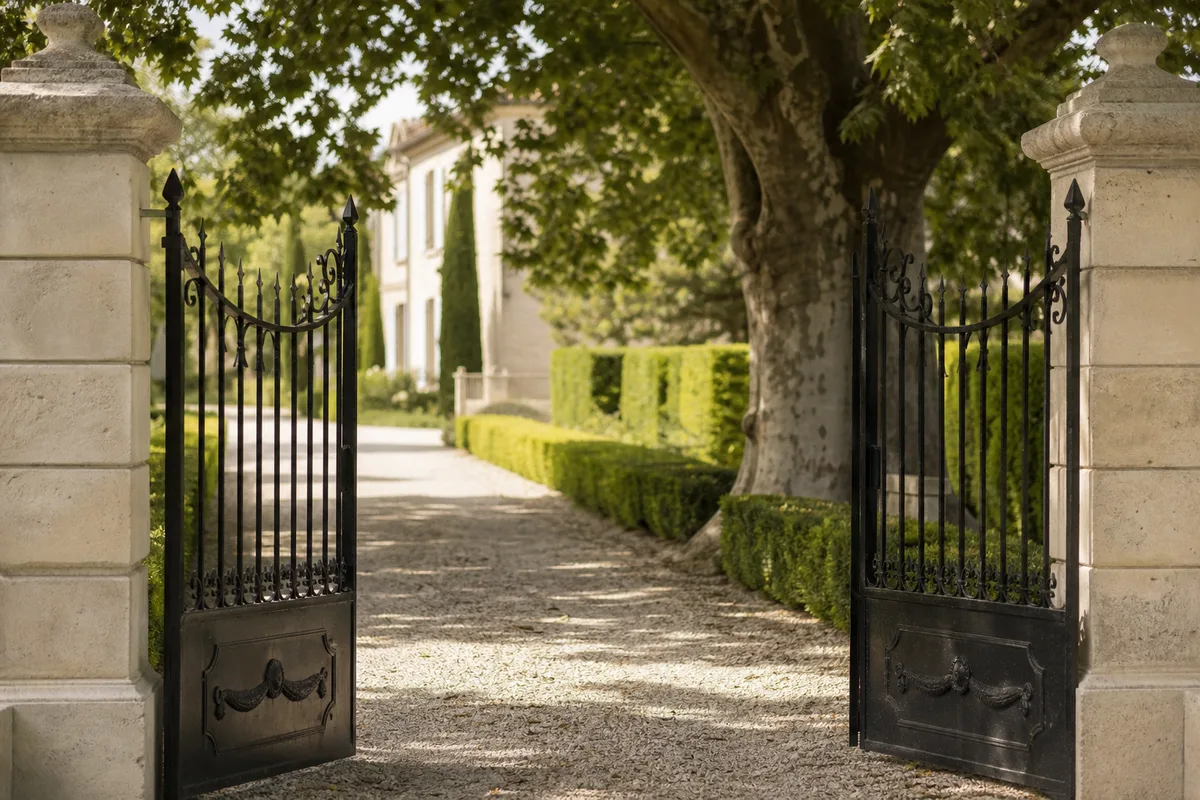 Portail en fer forgé d’une villa privée avec allée de gravier et jardin soigné